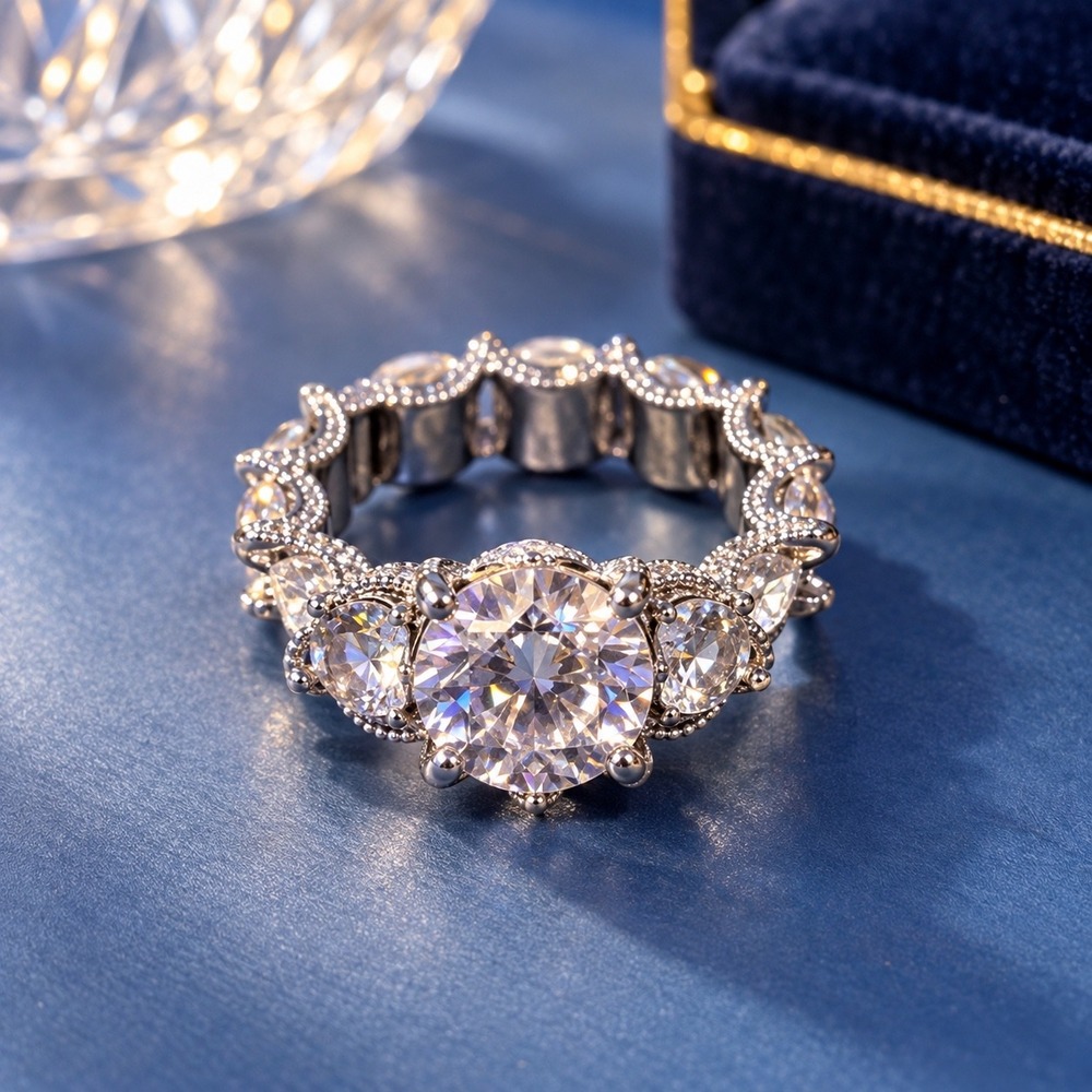 Vintage Style Silver Tone Crystal Crown Cocktail Ring Eternity Band Size 8
